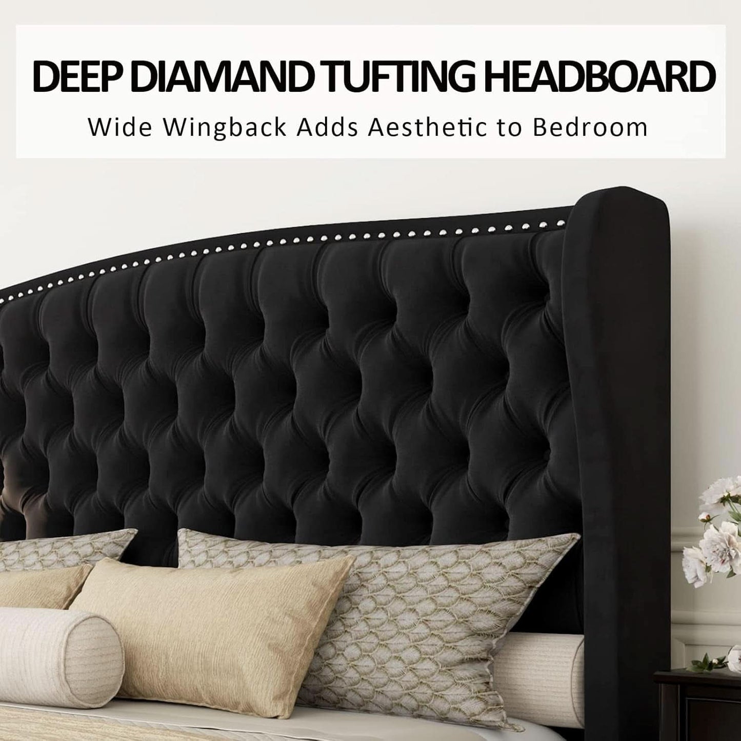 Queen Size Platform Bed Frame With Nailhead Trim Deluxe