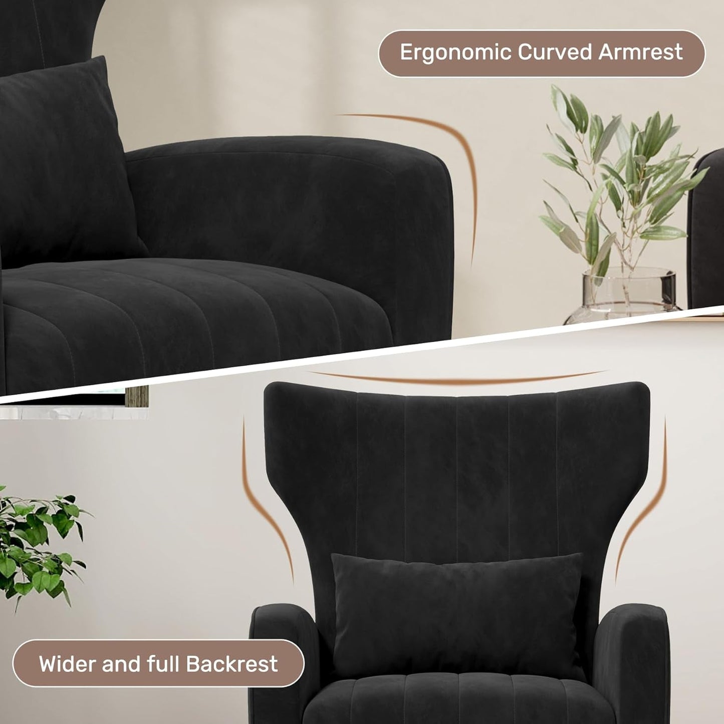 Black Velvet Wingback Chair Upholstered With Pillow