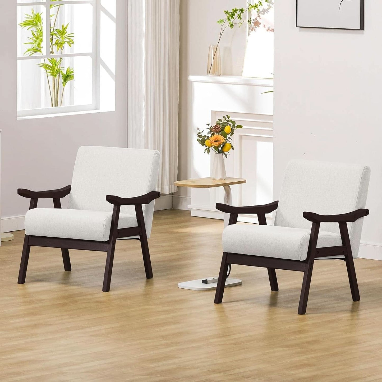 Beige Upholstered Modern Midcentury Solid Wood Armchair With Cushions