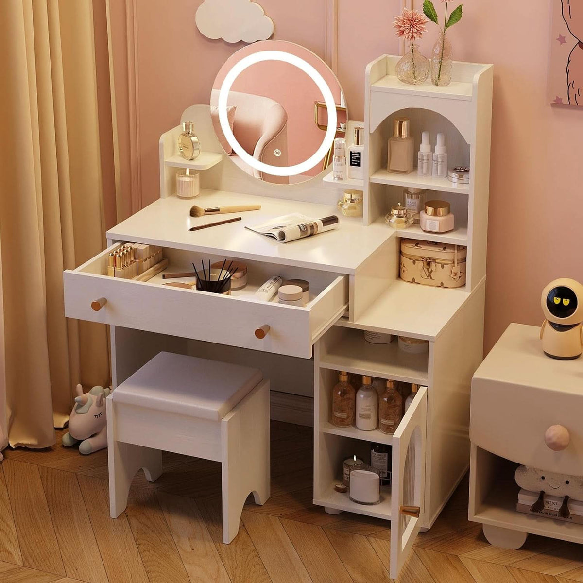 White Kids Premium Vanity Table Illuminated Mirror