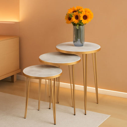 Three Piece Round Nesting End Tables With Marble Gold Legs