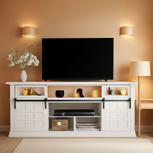 70Inch LED TV Stand Farmhouse White USB-Power Outlets