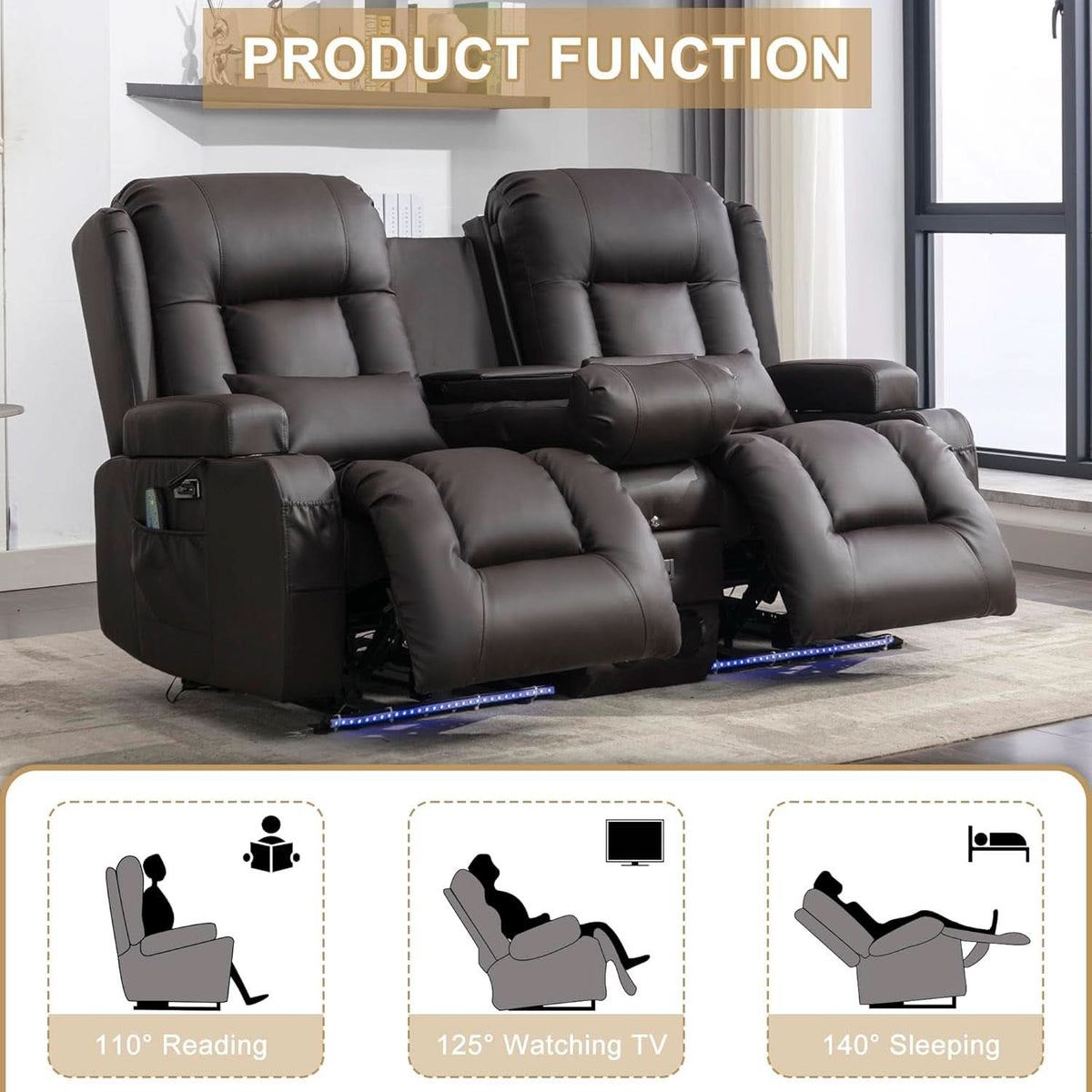 Dark Brown Power Reclining Loveseat Heated Massage