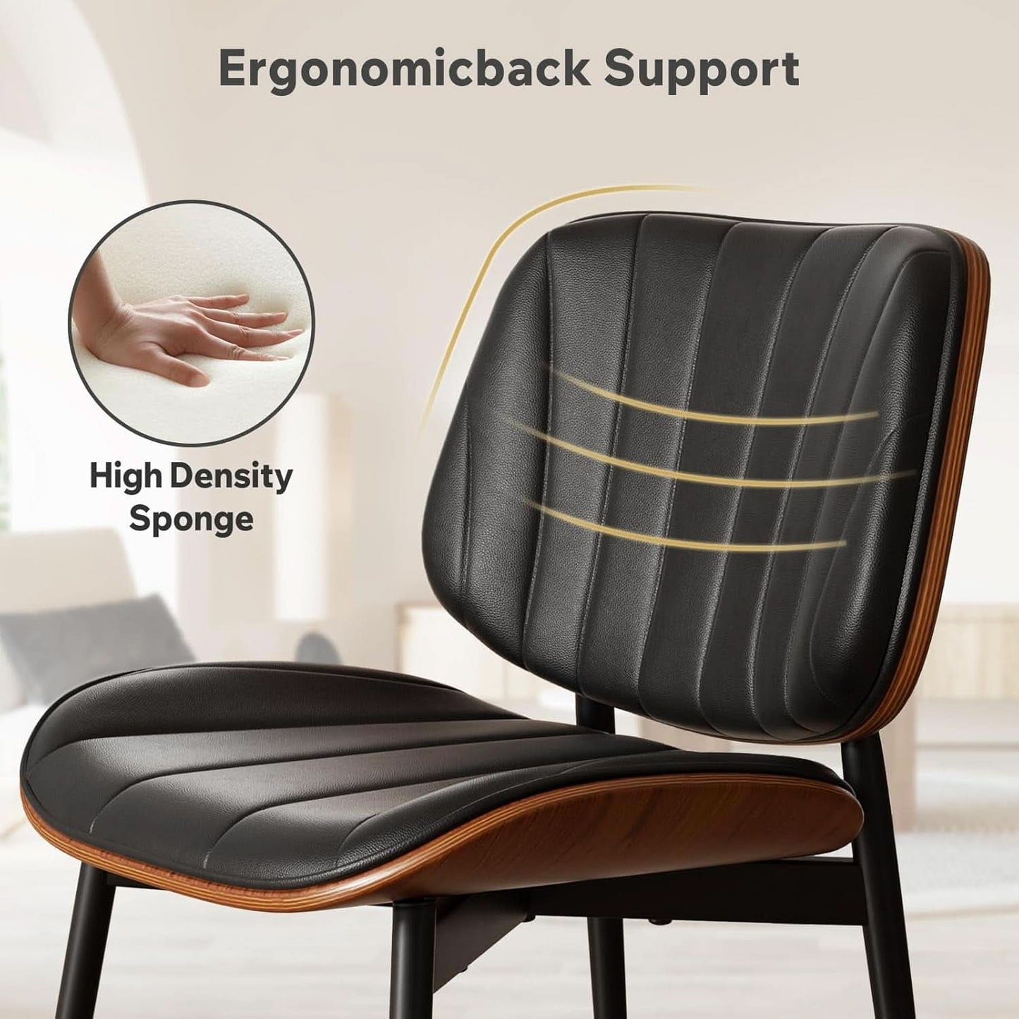 2 Black Faux Leather Mid Century Modern Dining Chairs