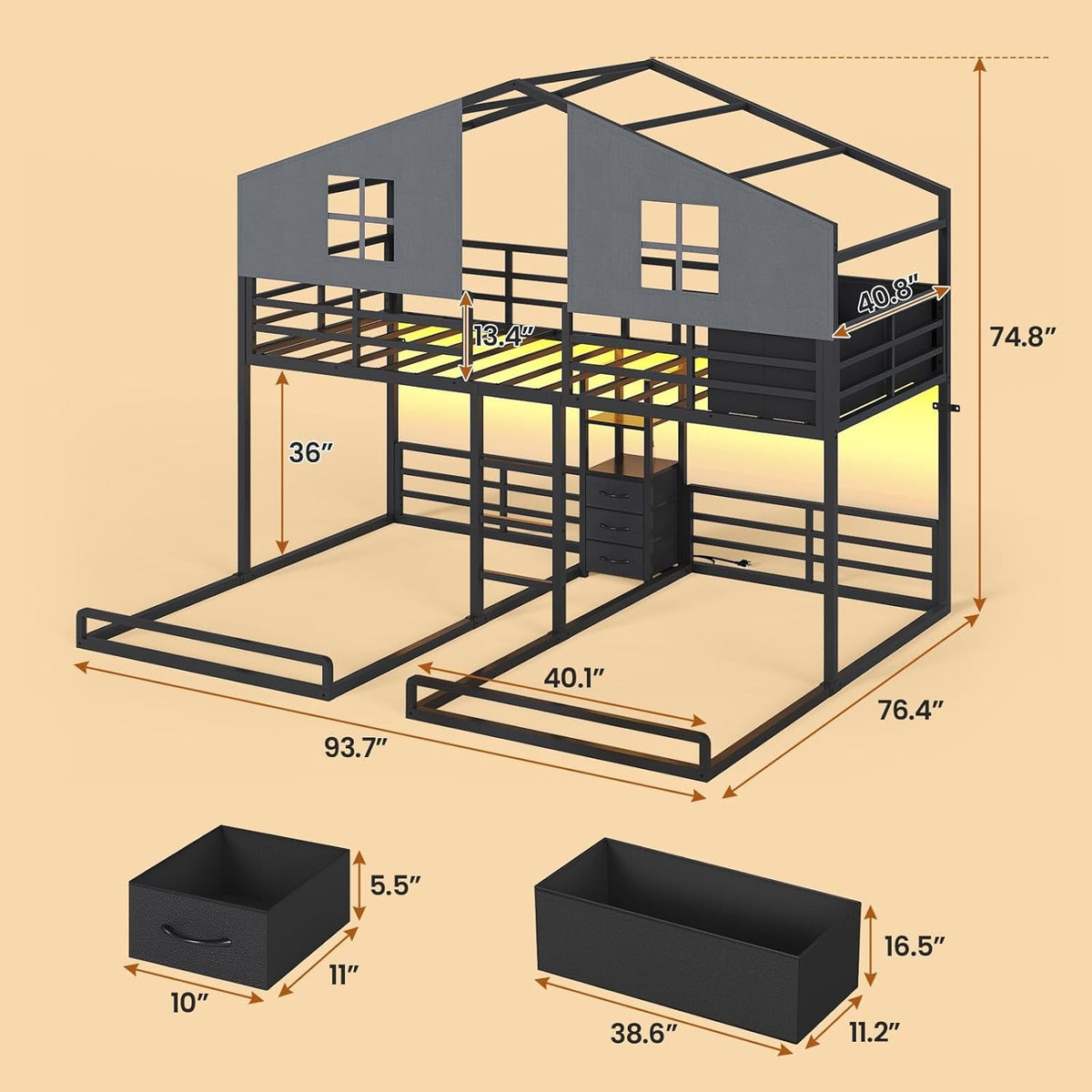 Black Commercia lGrade Triple Bunk Bed House Shaped LED