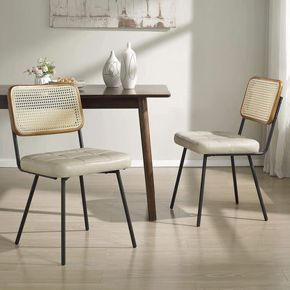 Rattan Dining Chairs Set Of 2 With PU Leather Cushions