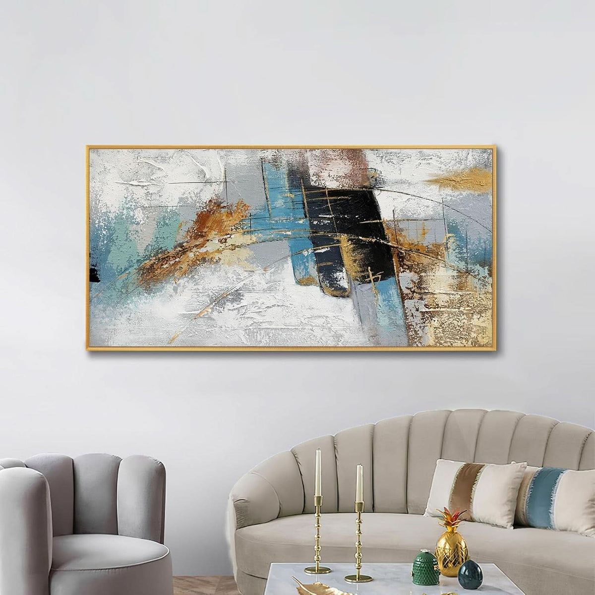 Framed Abstract Oil Painting 60x30 Inch Textured Blue