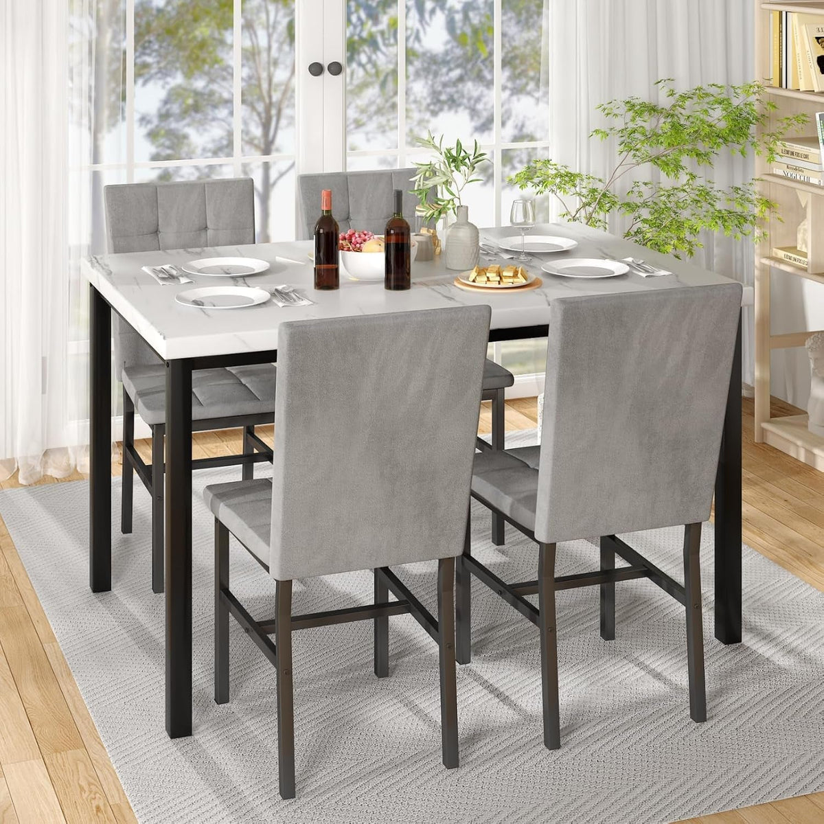 Five Piece Dining Set Marble Tops White Upholstered