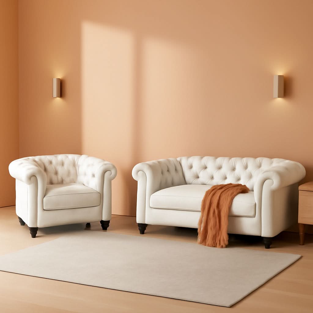 2 Piece Chesterfield Faux Leather Living Room Set Loveseat And Chair With Scroll Arms And Nailhead White