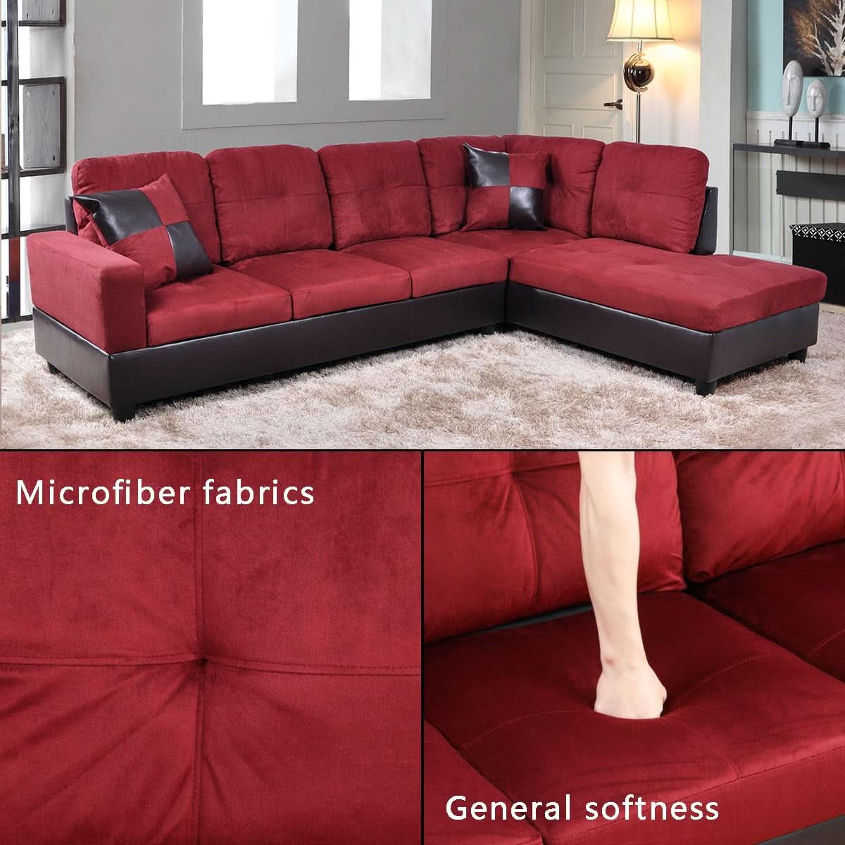 2 Piece Sectional Sofa Set L Shape Microfiber With Chaise Red Right Hand Facing Living Room-3