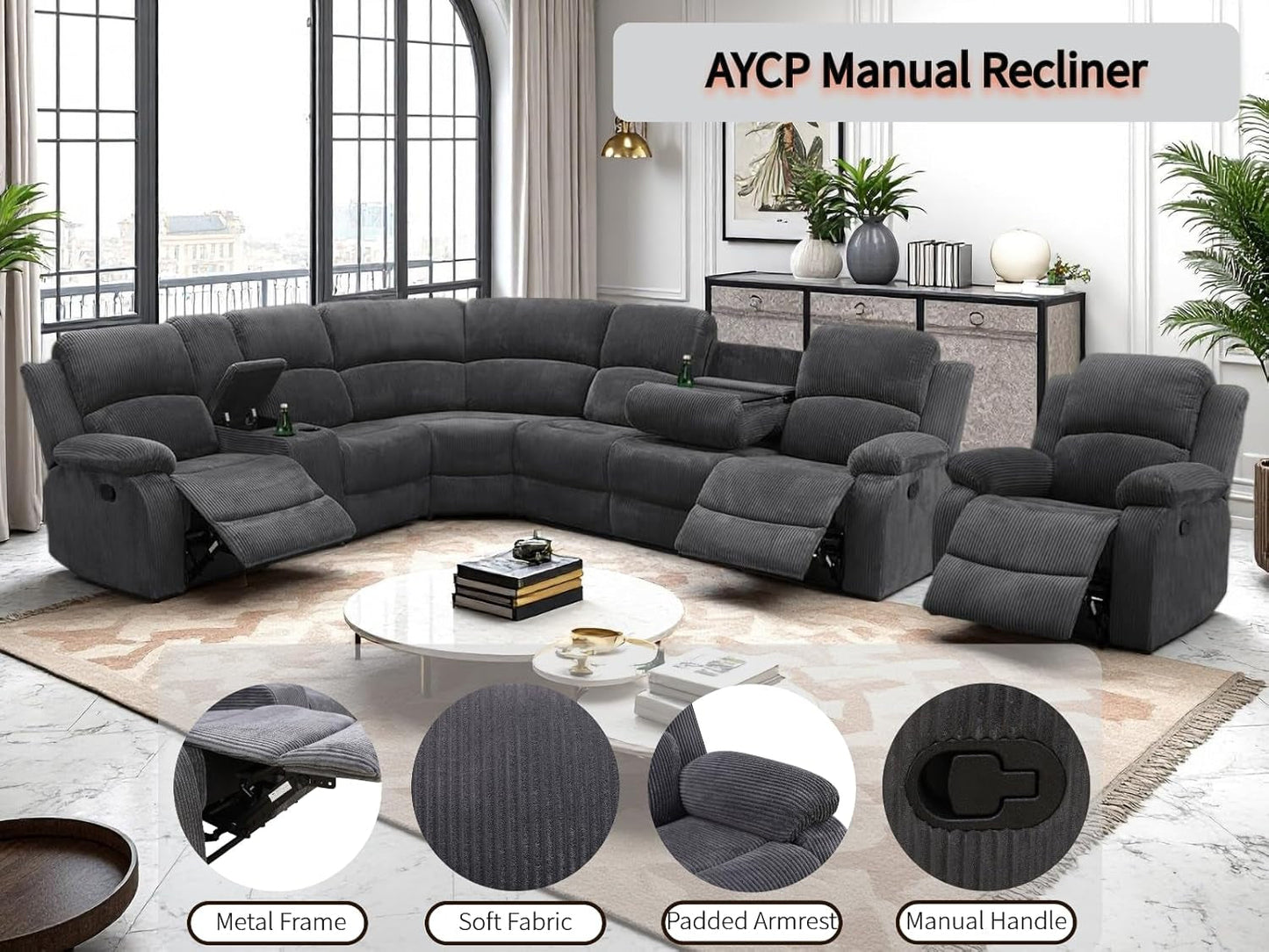 Midnight Grey Corduroy Manual Recliner Sectional Sofa