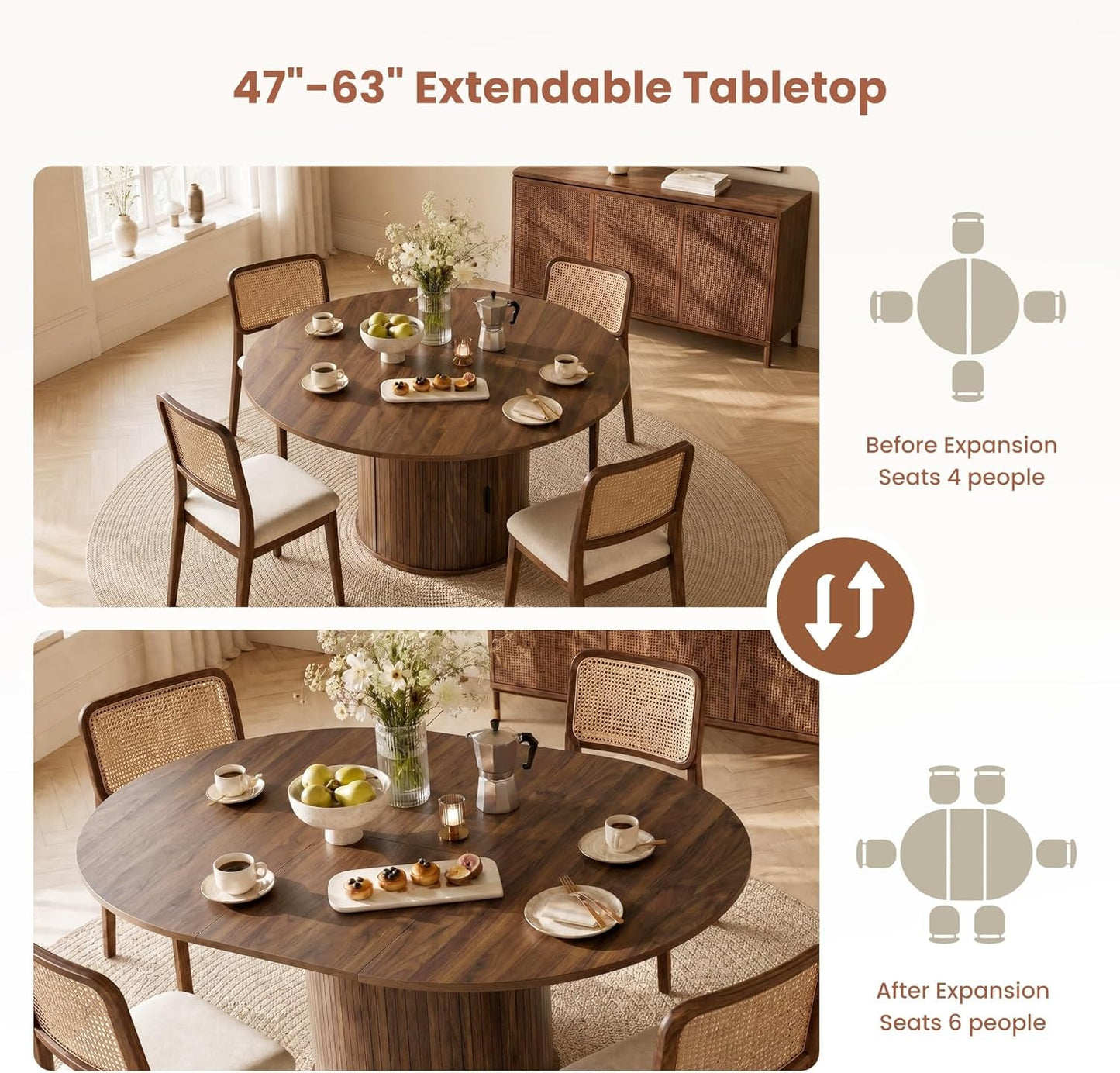 Walnut Extendable Round Dining Table Hidden Storage