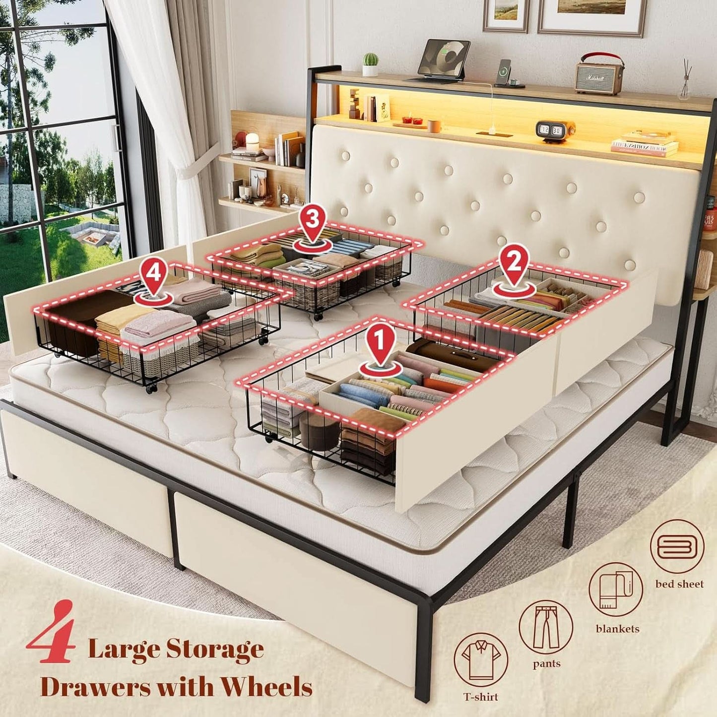 Beige Velvet Platform Bed Frame With Storage Drawers Included