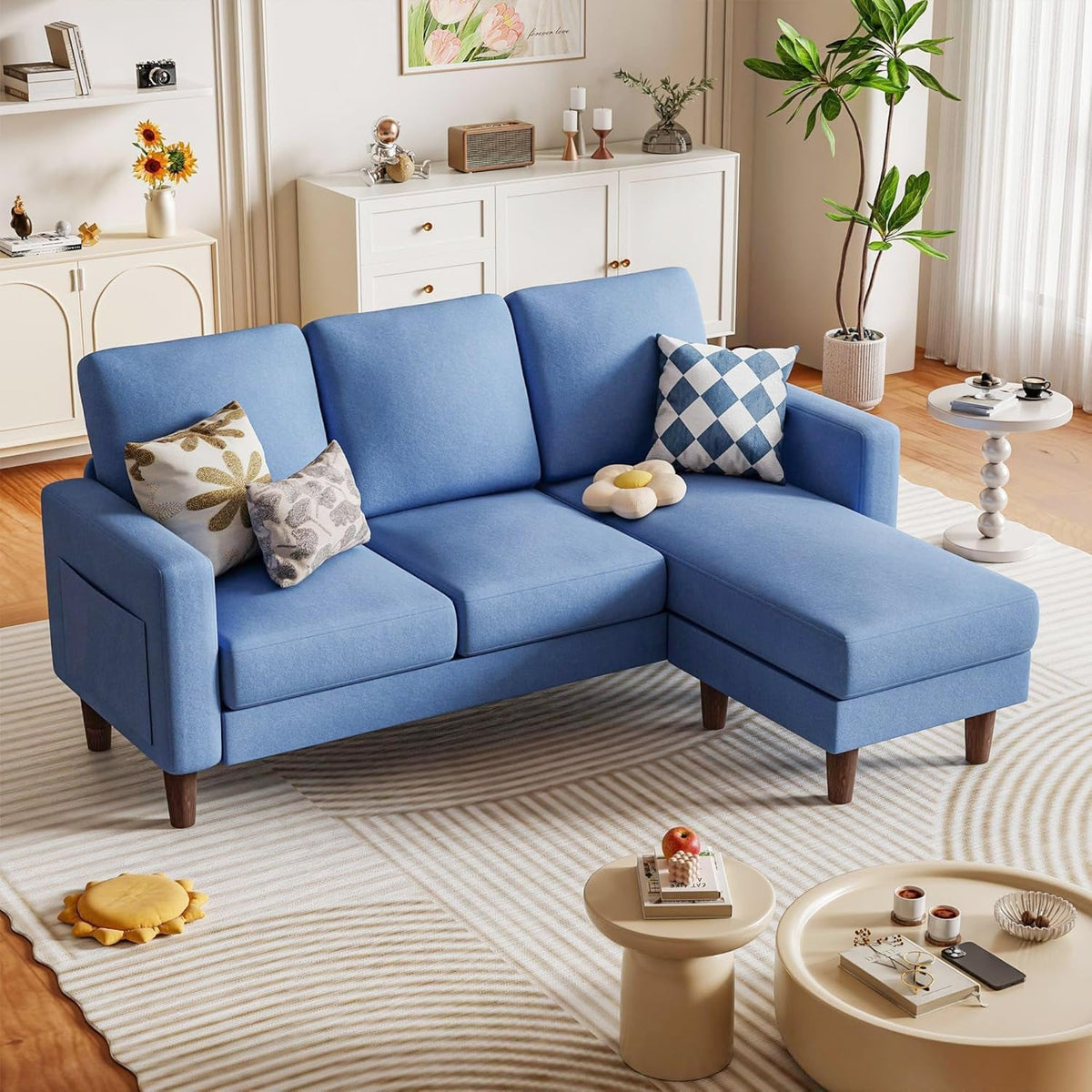 Blue Upholstered L Shaped Movable Sectional Couch Ottoman
