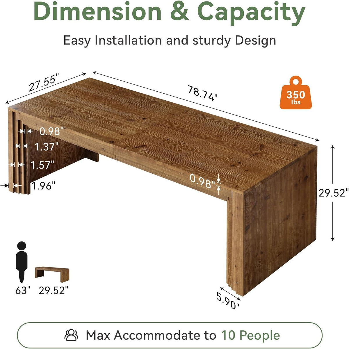 Solid Wood Farmhouse Rectangular Dining Table Walnut