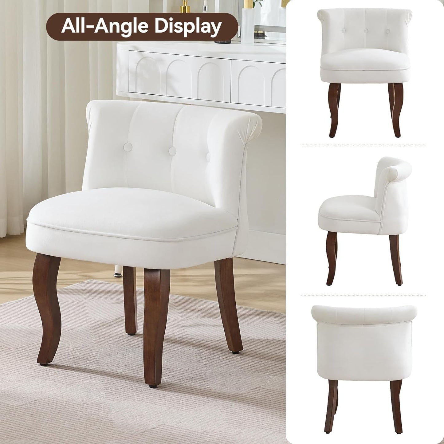Elegant White Velvet Upholstered Tufted Vanity Chair