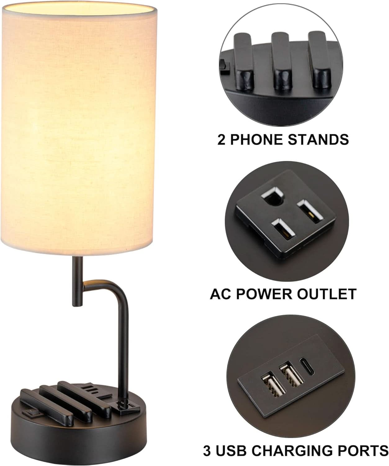 Table Lamp With 3 USB Ports And AC Outlet For Bedroom