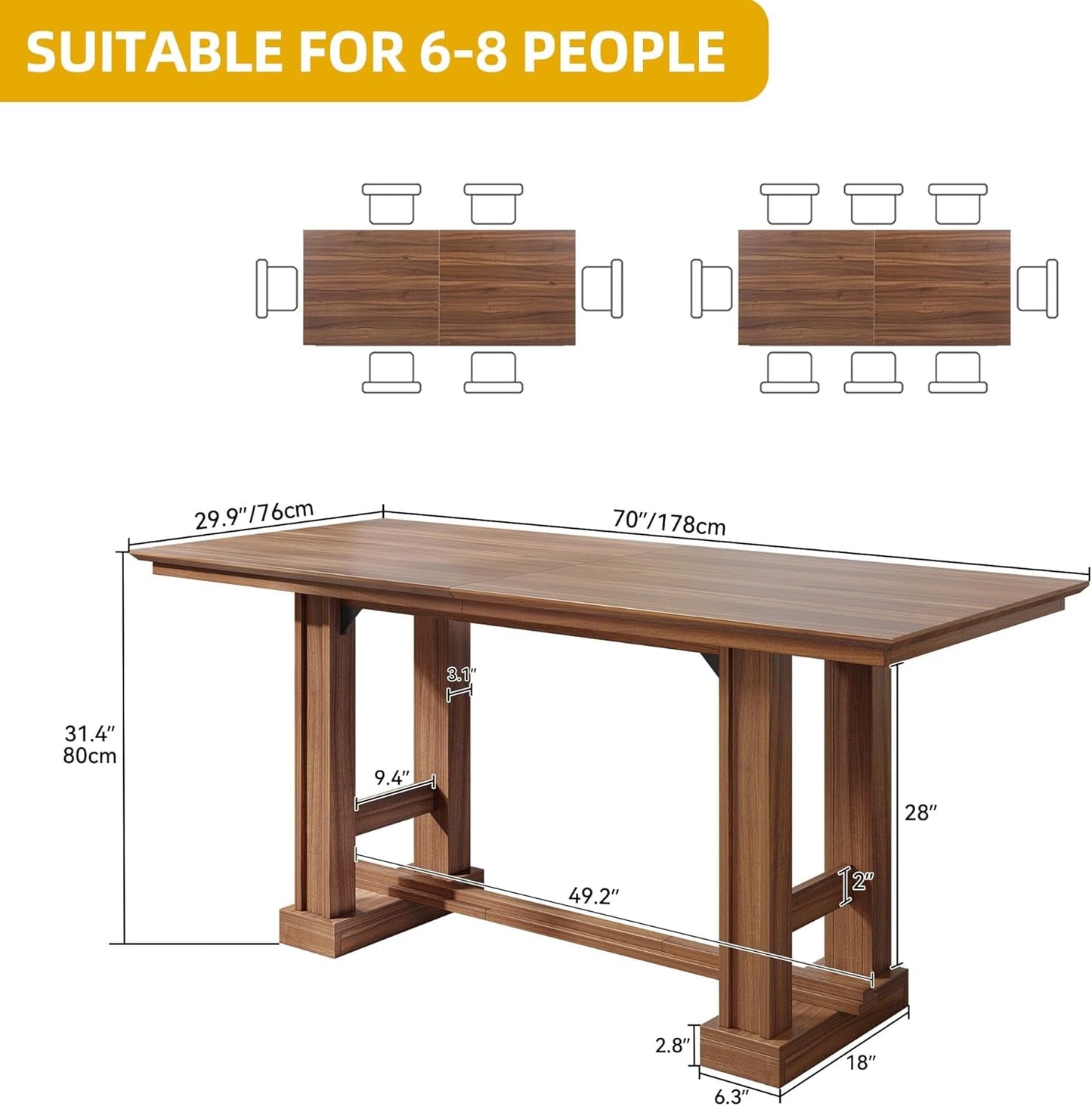 70-Inch Rustic-Style Farmhouse Dining Table Dark Walnut