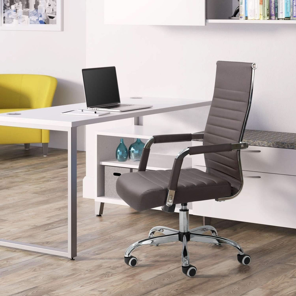 Ribbed PU Leather Office Chair With Arms Brown Adjustable