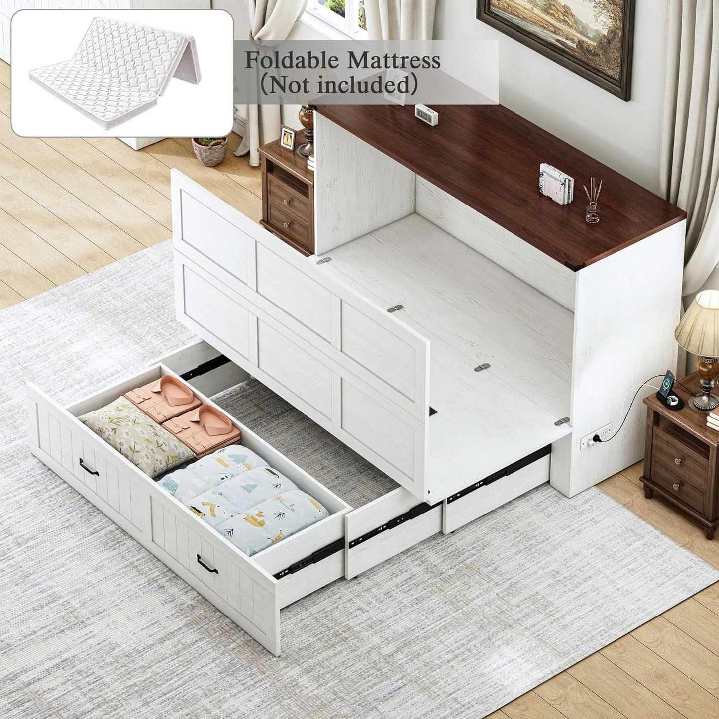 Queen Murphy Cabinet Bed Integrated Charging Station-3