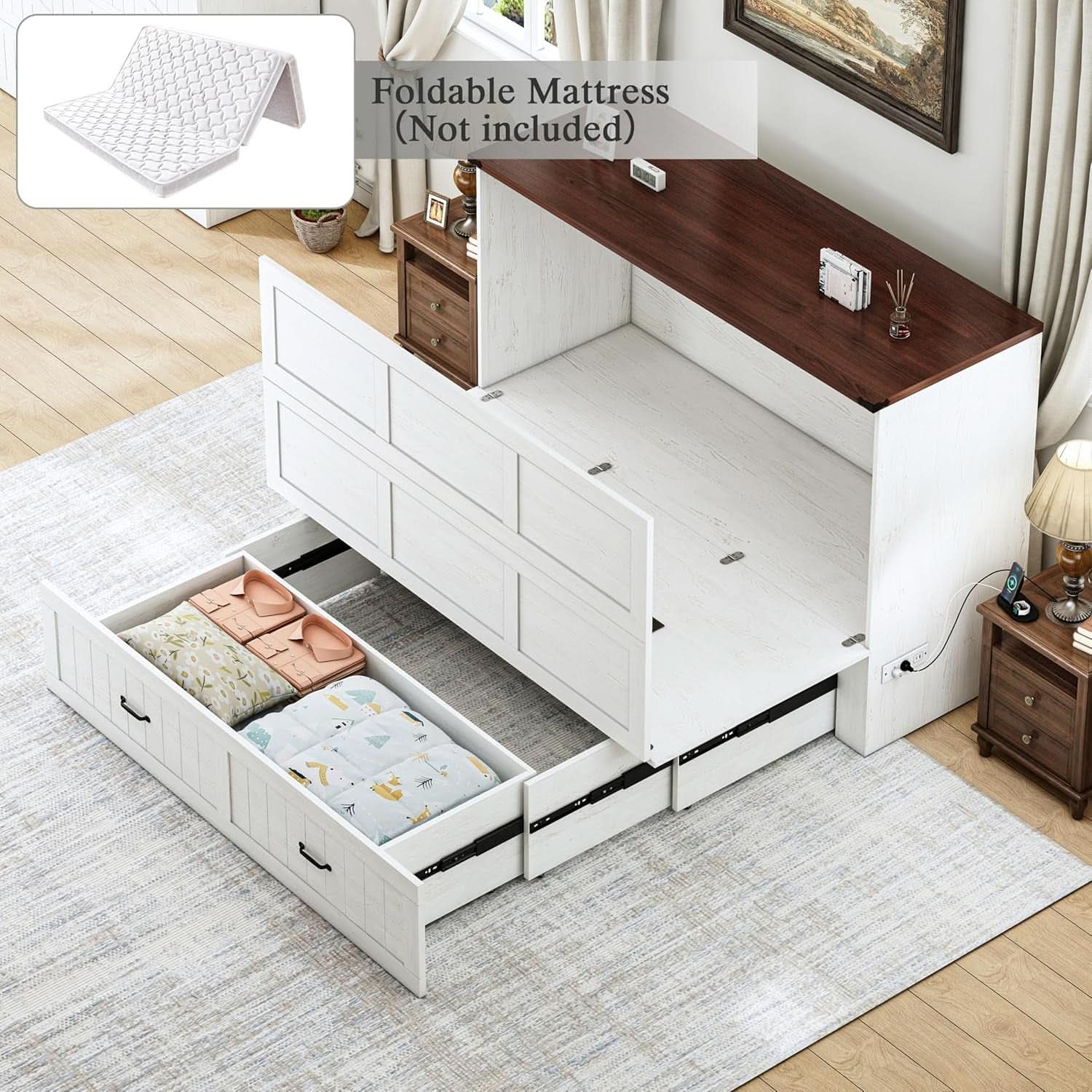 Queen Murphy Cabinet Bed Integrated Charging Station-3