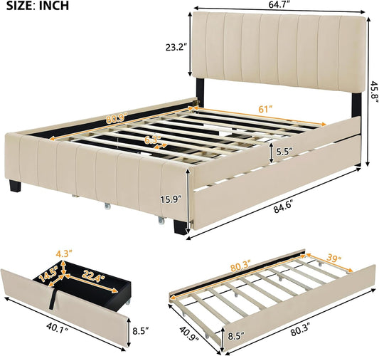 Queen Beige Velvet Upholstered Platform Bed Trundle