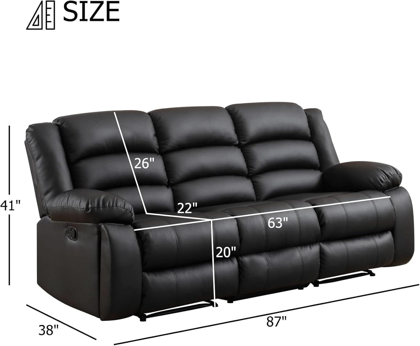 Black Faux Leather Manual Recliner Sofa Cupholders
