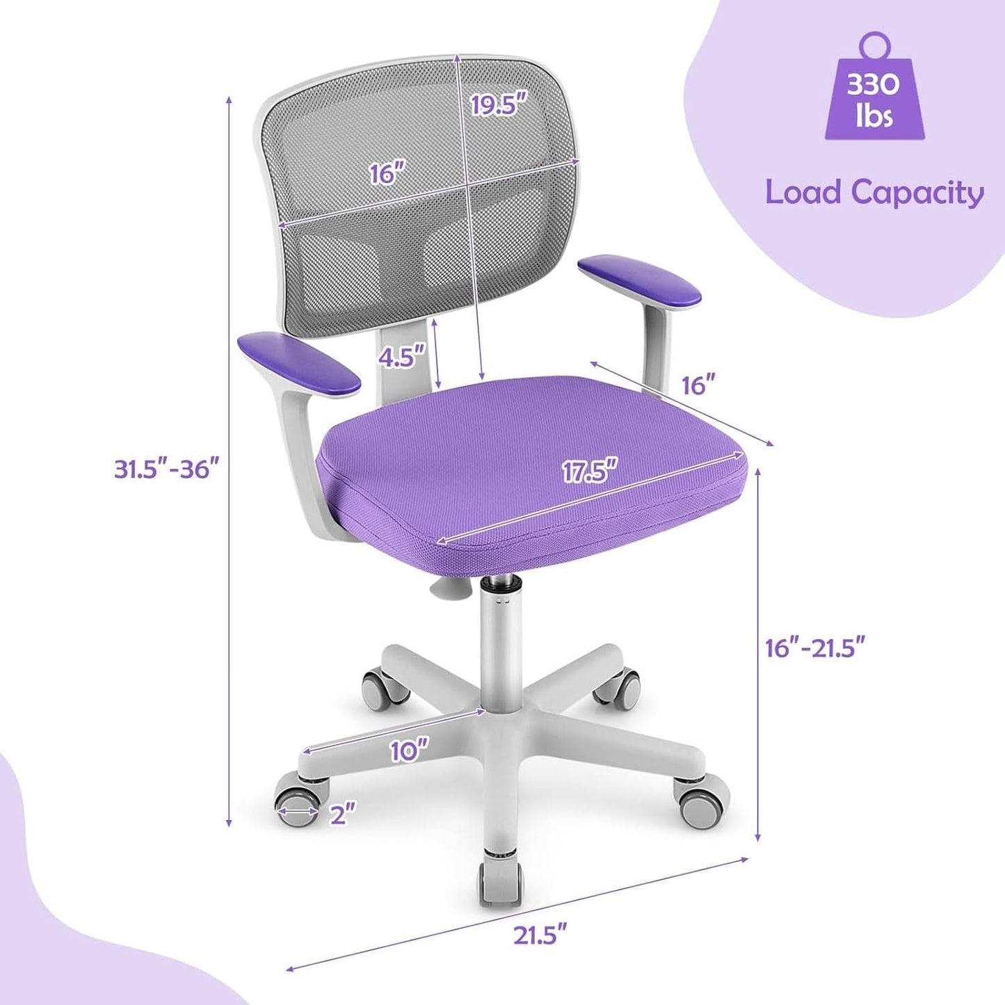 Kids Desk Chair Height Adjustable 16 To 21 Inches Violet
