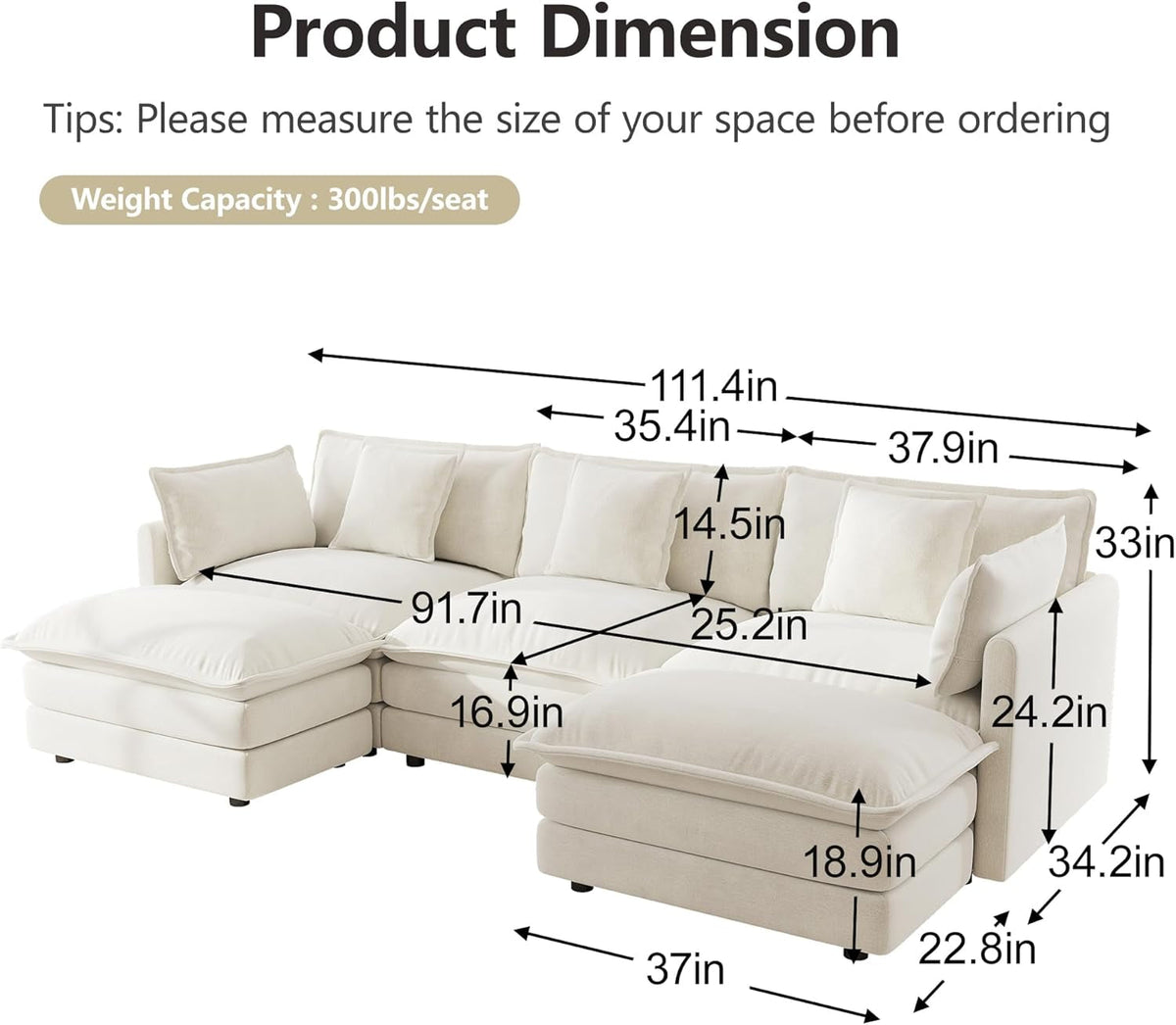 Beige Chenille 111.5 Inches Modular Sectional Sofa