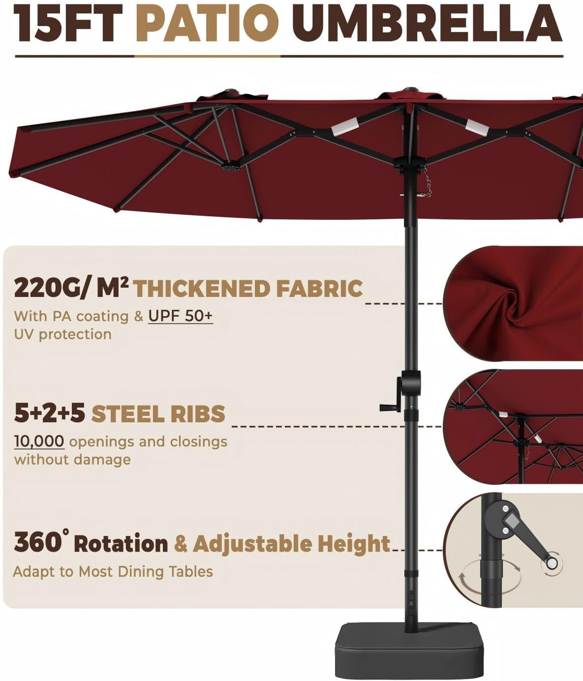 Fifteen Foot Burgundy Patio Umbrella With Base Included