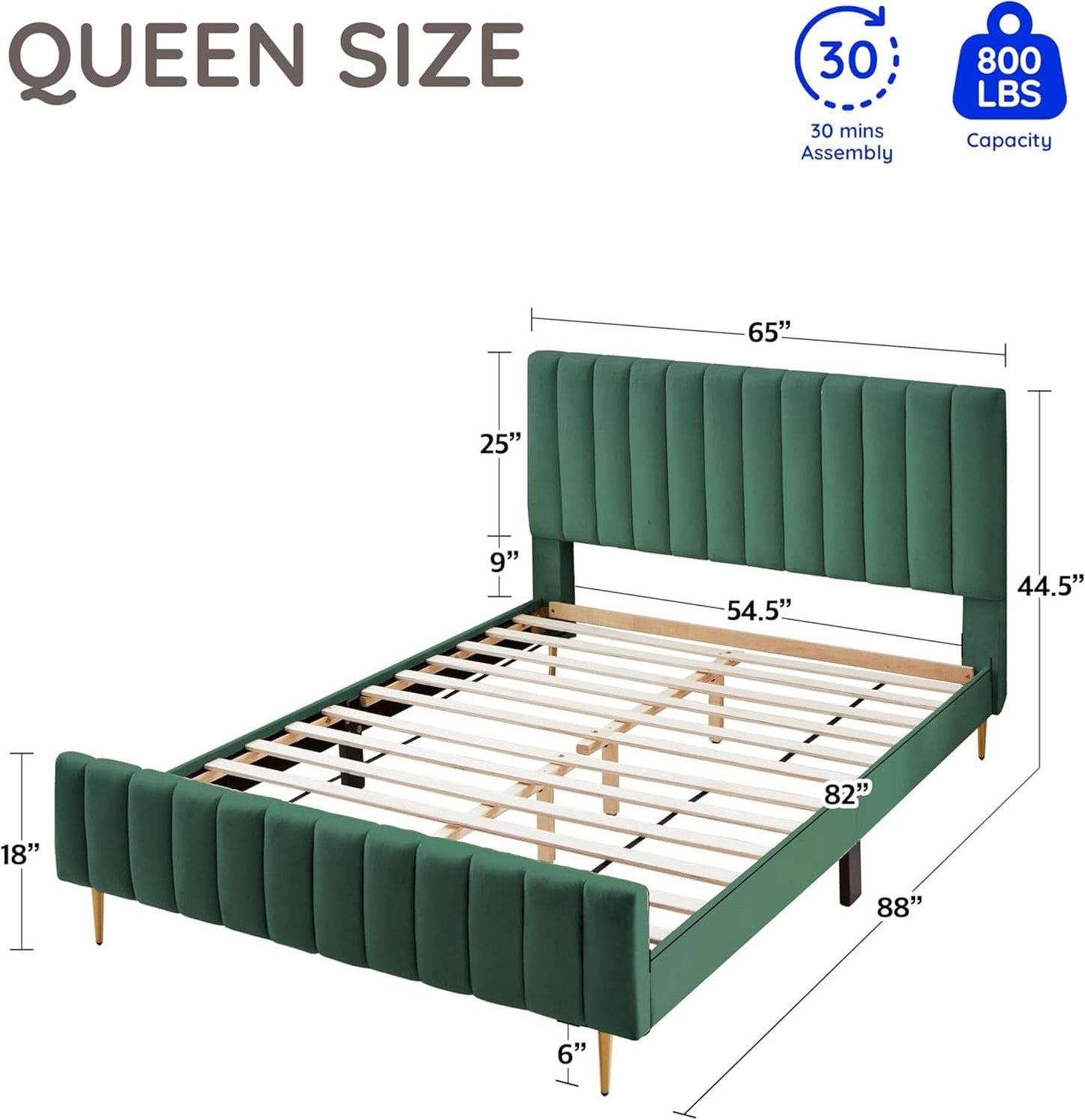 Queen Size Velvet Platform Bed EmeraldGreen Headboard