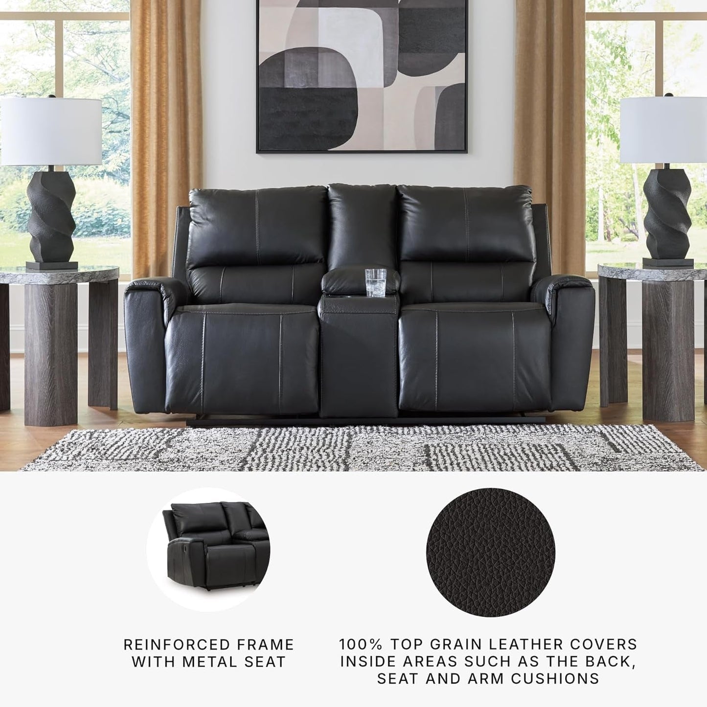 Reclining Leather Loveseat With Console Cupholders Black