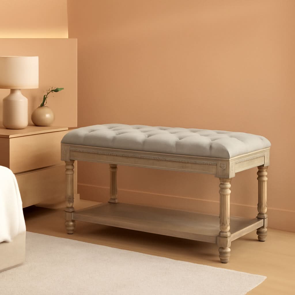 Grey Tufted Upholstered Storage Ottoman Bench Shelf