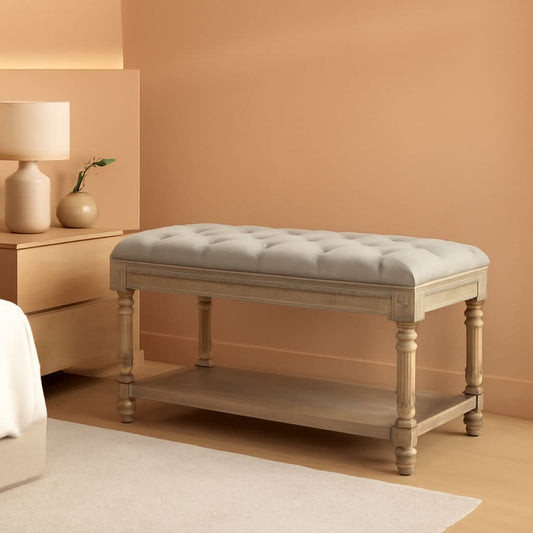 Grey Tufted Upholstered Storage Ottoman Bench Shelf