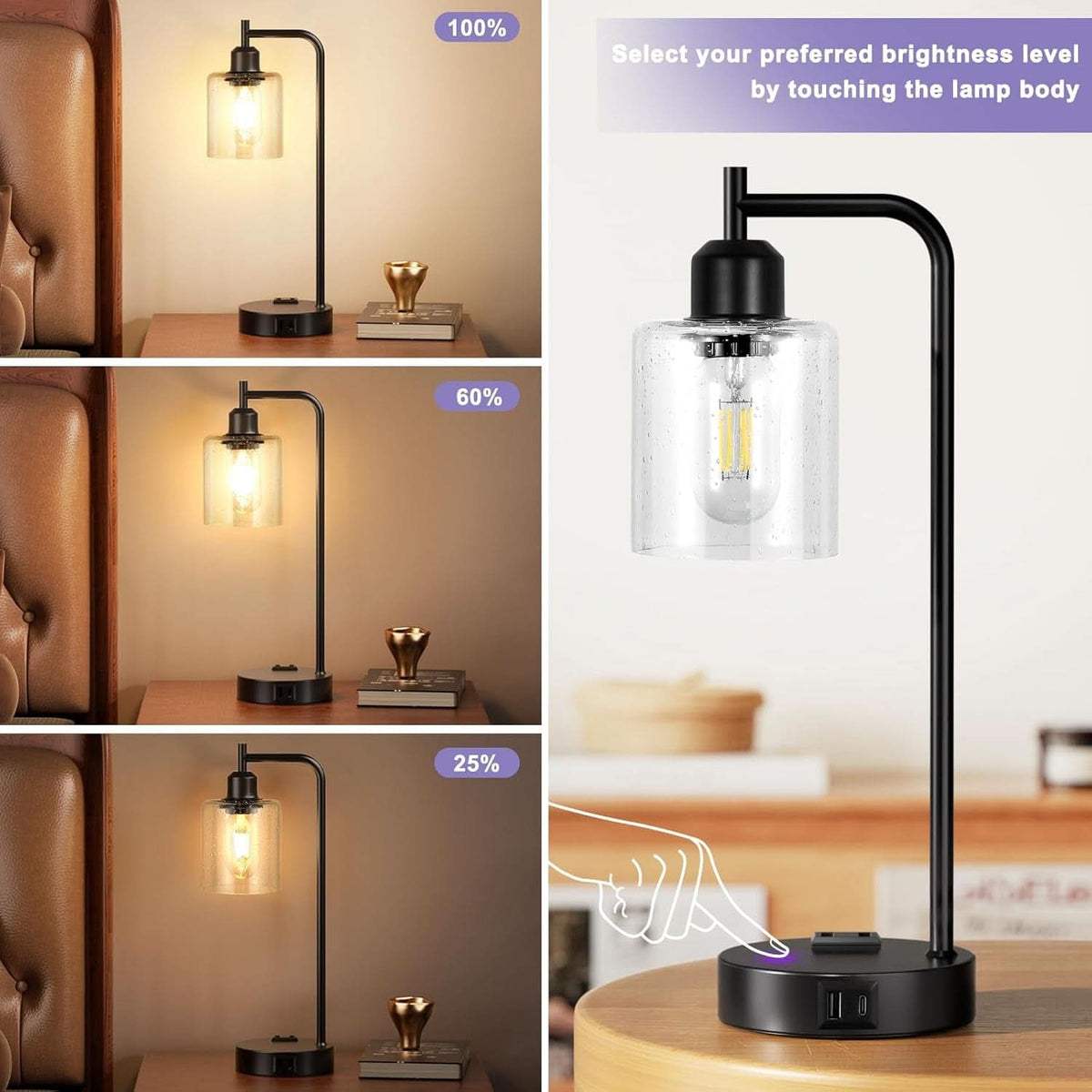 Industrial Touch Table Lamps 2 Pack Black 3 Way Dimming