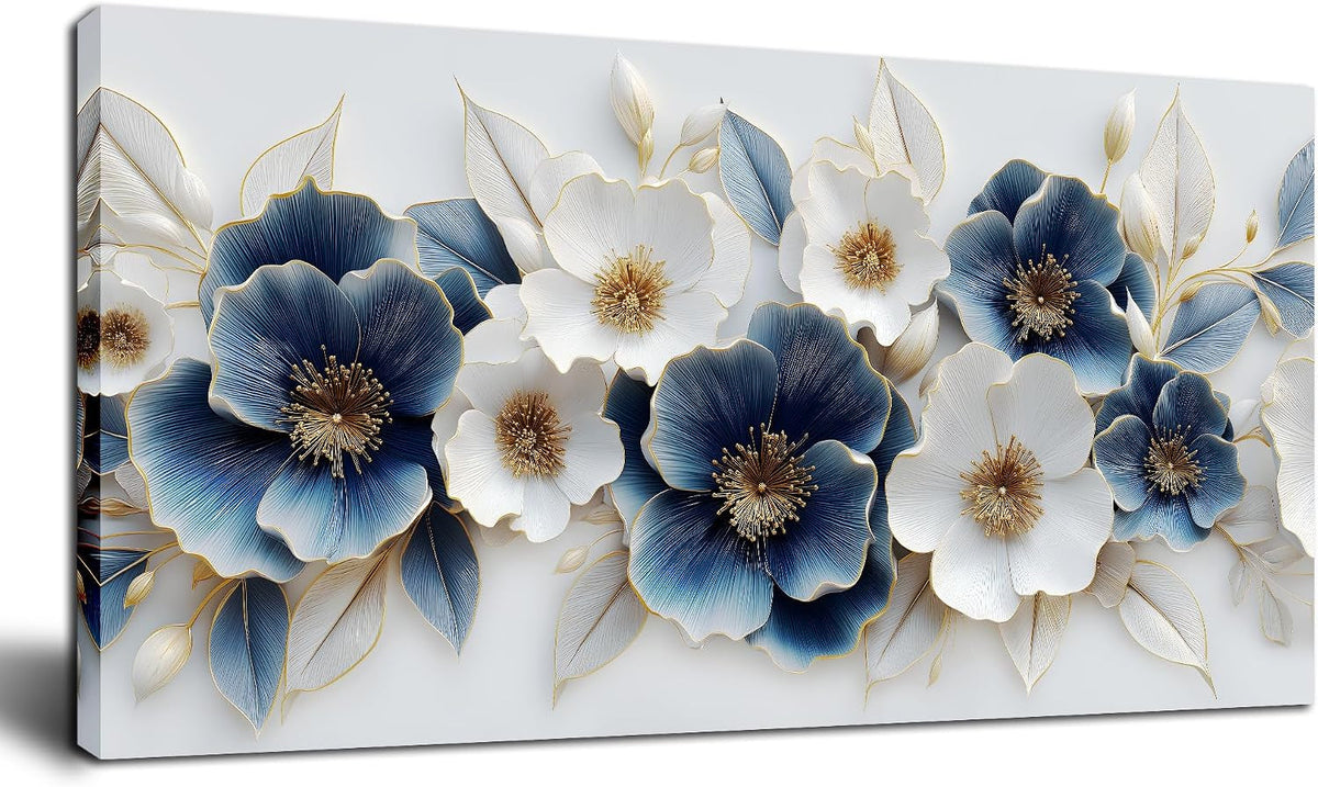 Framed Blue White Floral Canvas Wall Art 20x40 Ready To Hang