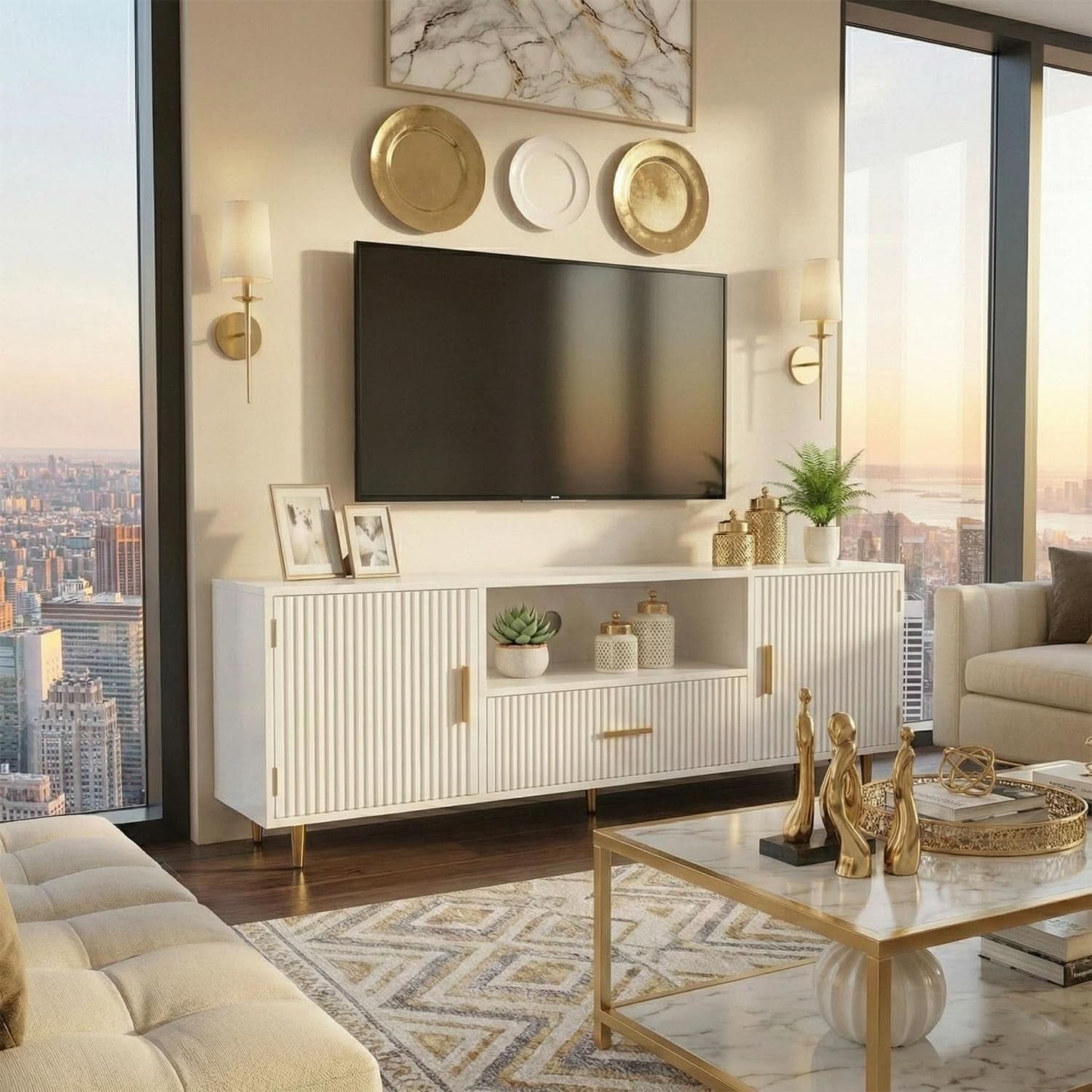 White Fluted TV Entertainment Console SixtyFive Inch