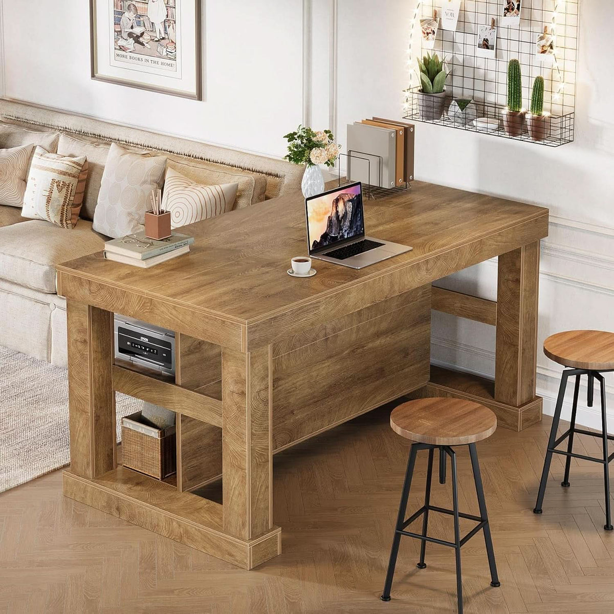 Bar Table, 55-Inch Counter Height Pub Table with Storage Shelves, High Top Kitchen Dining Table, Rectangle Wood Home Bar Unit for Dining Room, Bistro, Rustic Brown