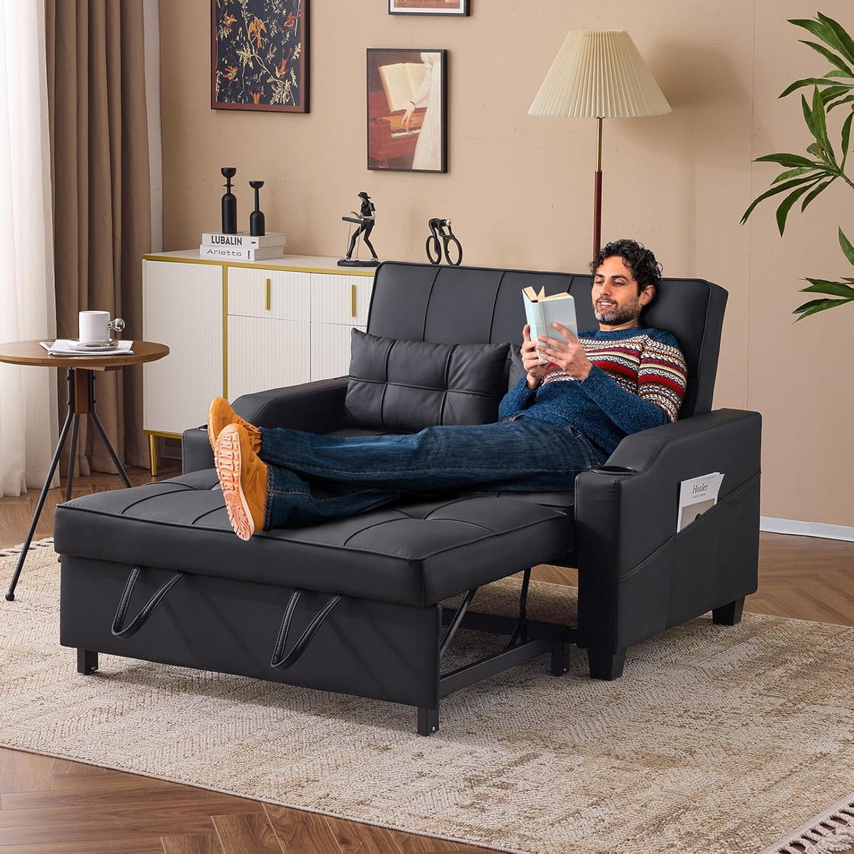 Black Leatherette Convertible Sleeper Sofa With USB
