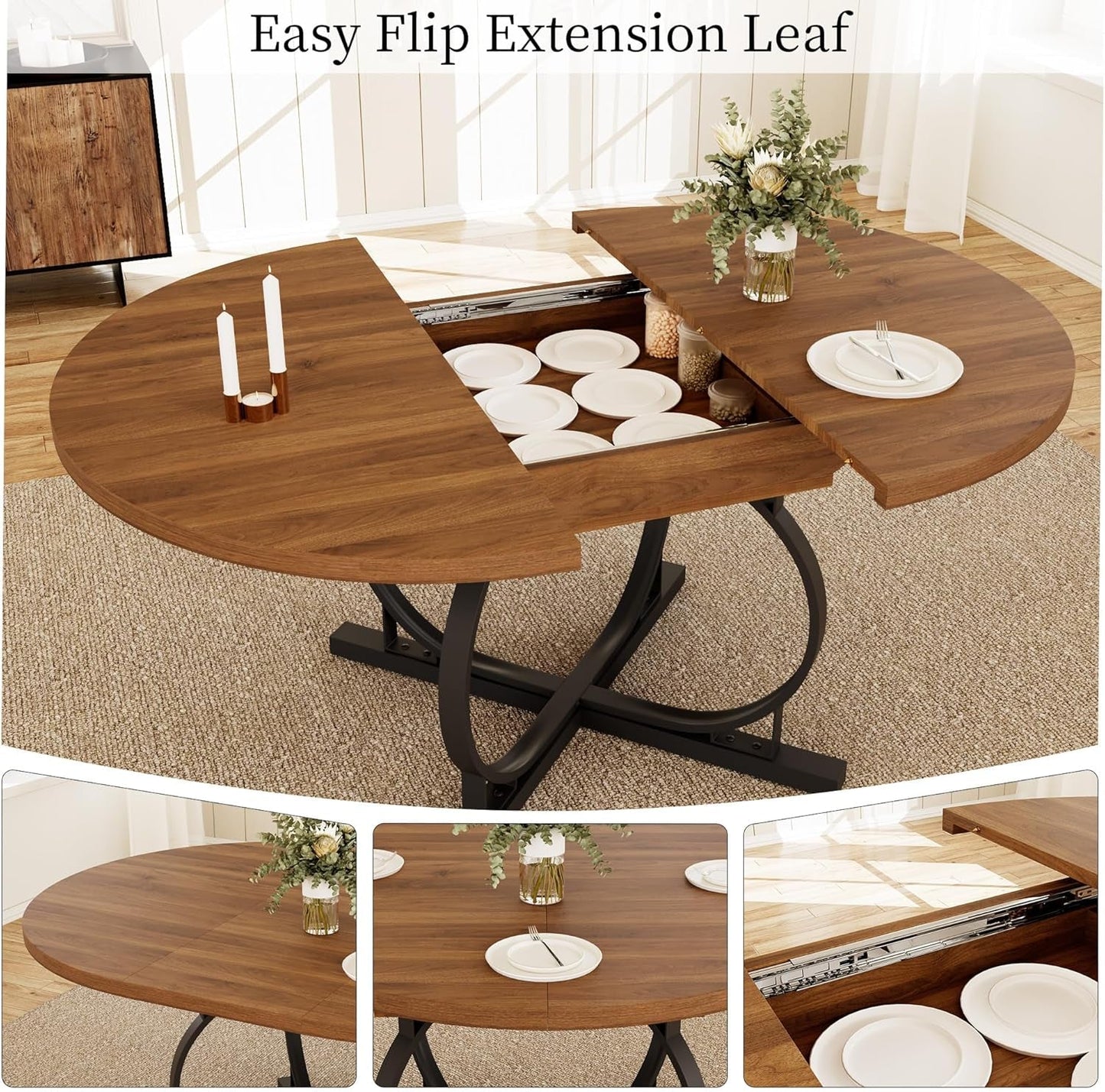 Extendable Round Dining Table Walnut Finish Modern