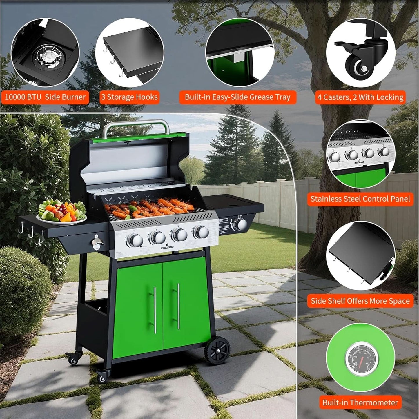 Green Four Burner Propane Stainless Barbecue Grill