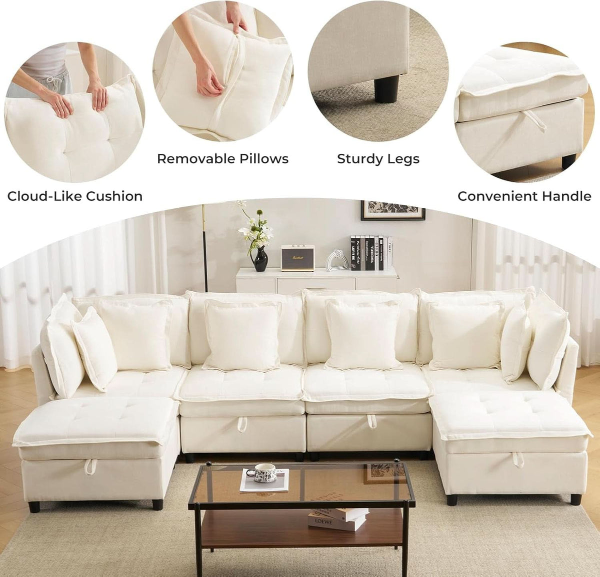 White OneThirtyThreeInch Modular Sectional Sofa Hidden Storage-2