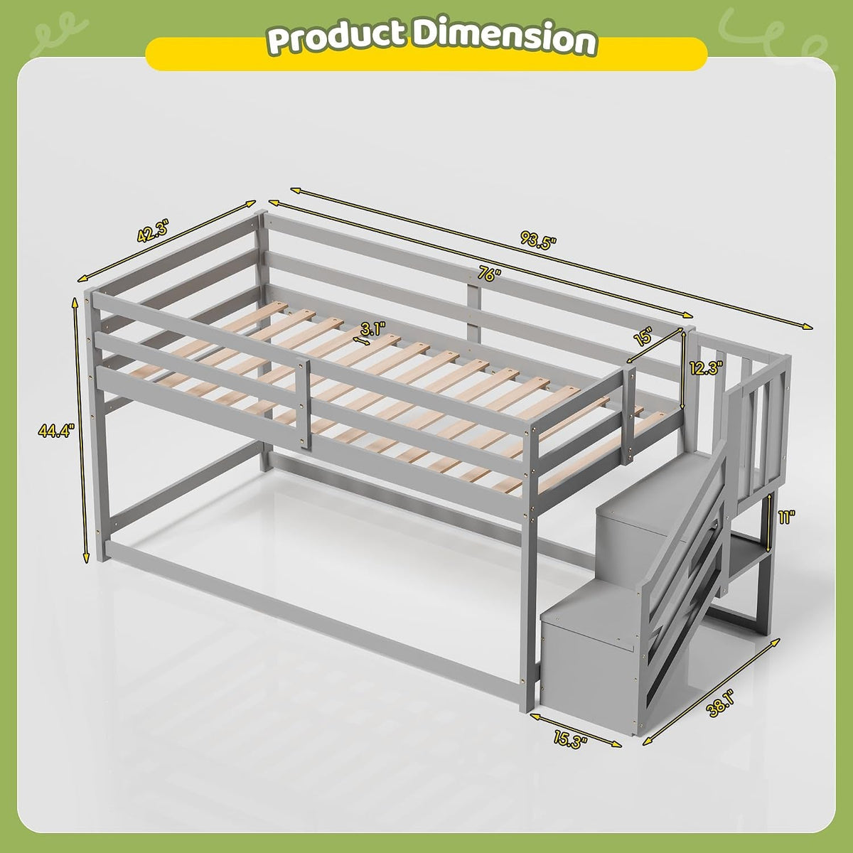 Charcoal Gray Space Saving Twin Over Bunk Bed Staircase
