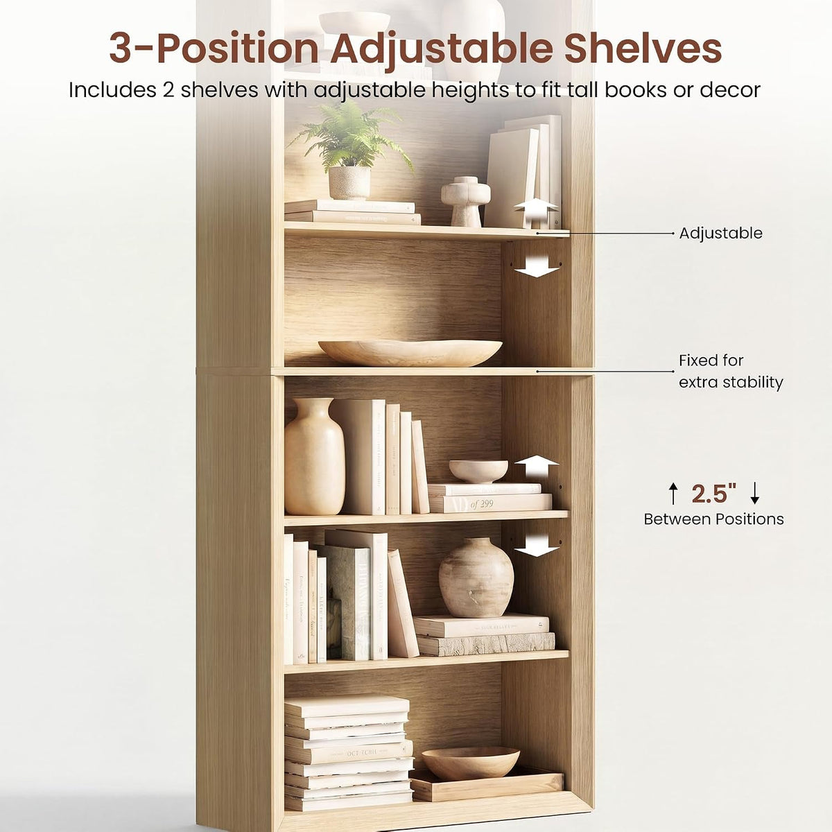 72 Inch Natural Wood Adjustable Freestanding Bookcase