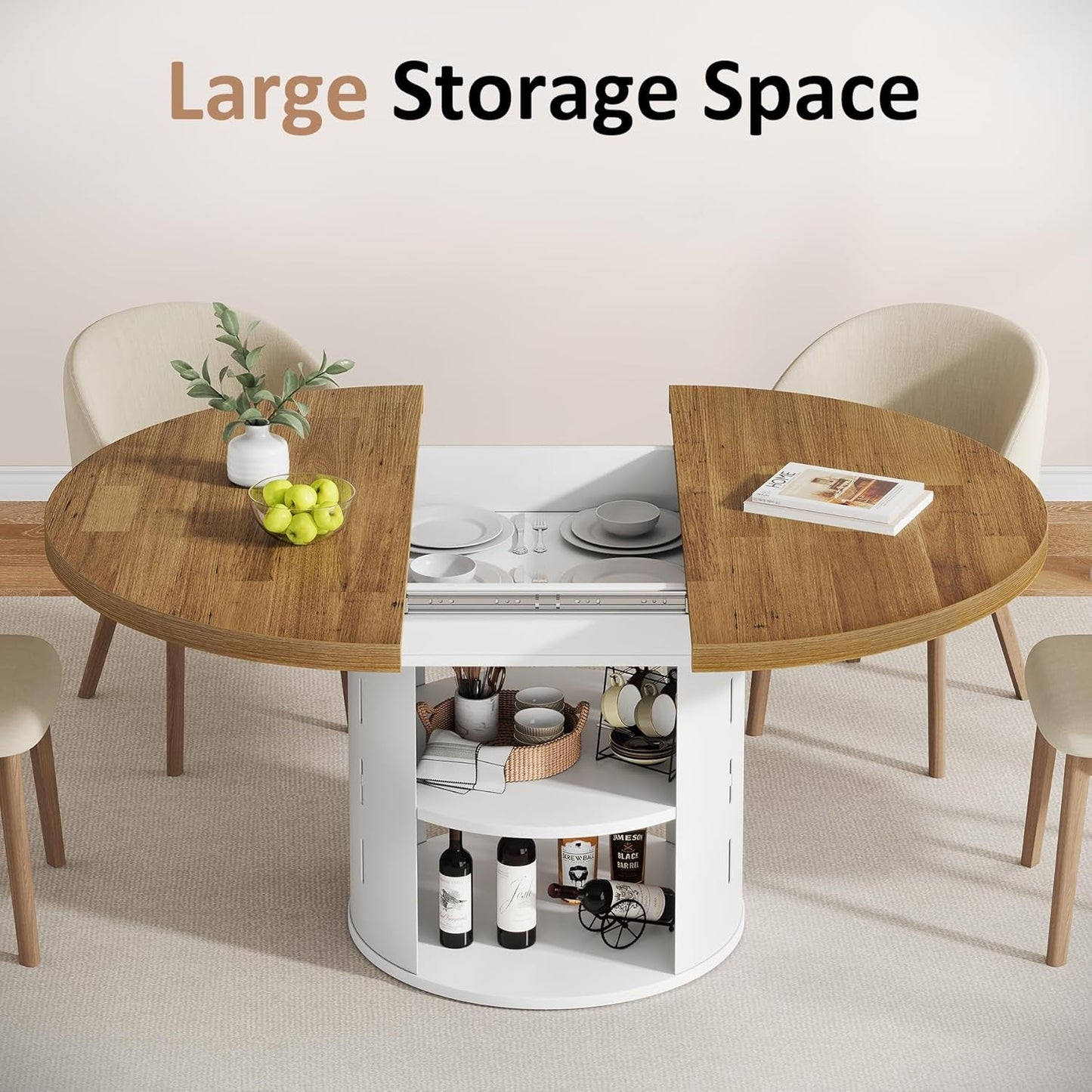 Extendable Round Dining Table FortyThree Inch Storage Cabinet