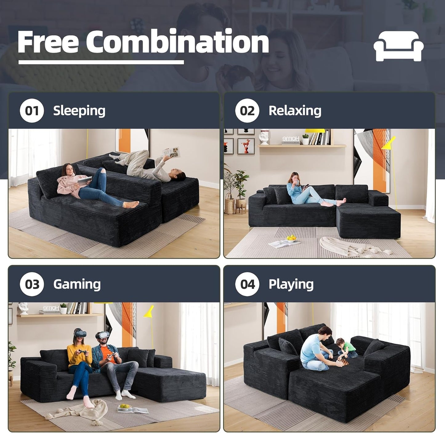 106 Inch Black Corduroy Upholstered Sectional Sofa