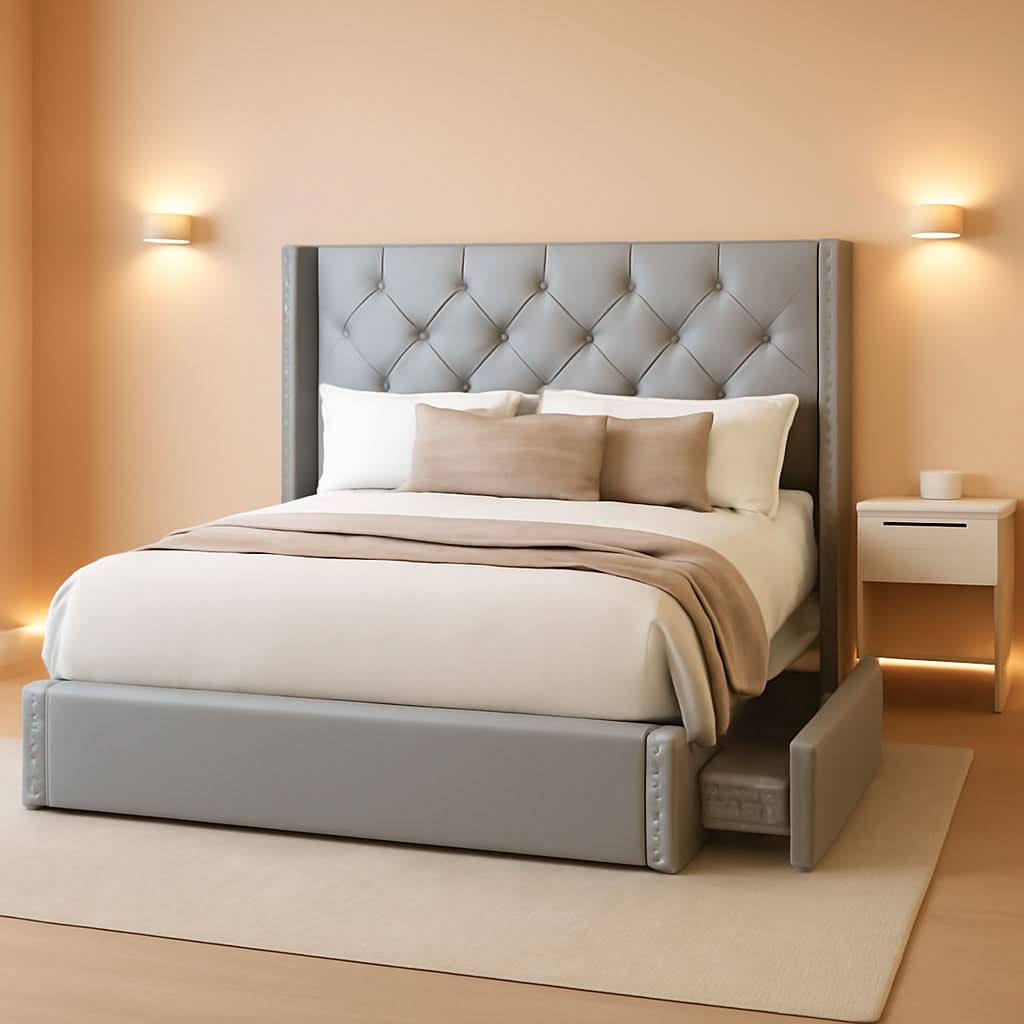 Queen Velvet Grey Upholstered Platform Bed Frame Storage