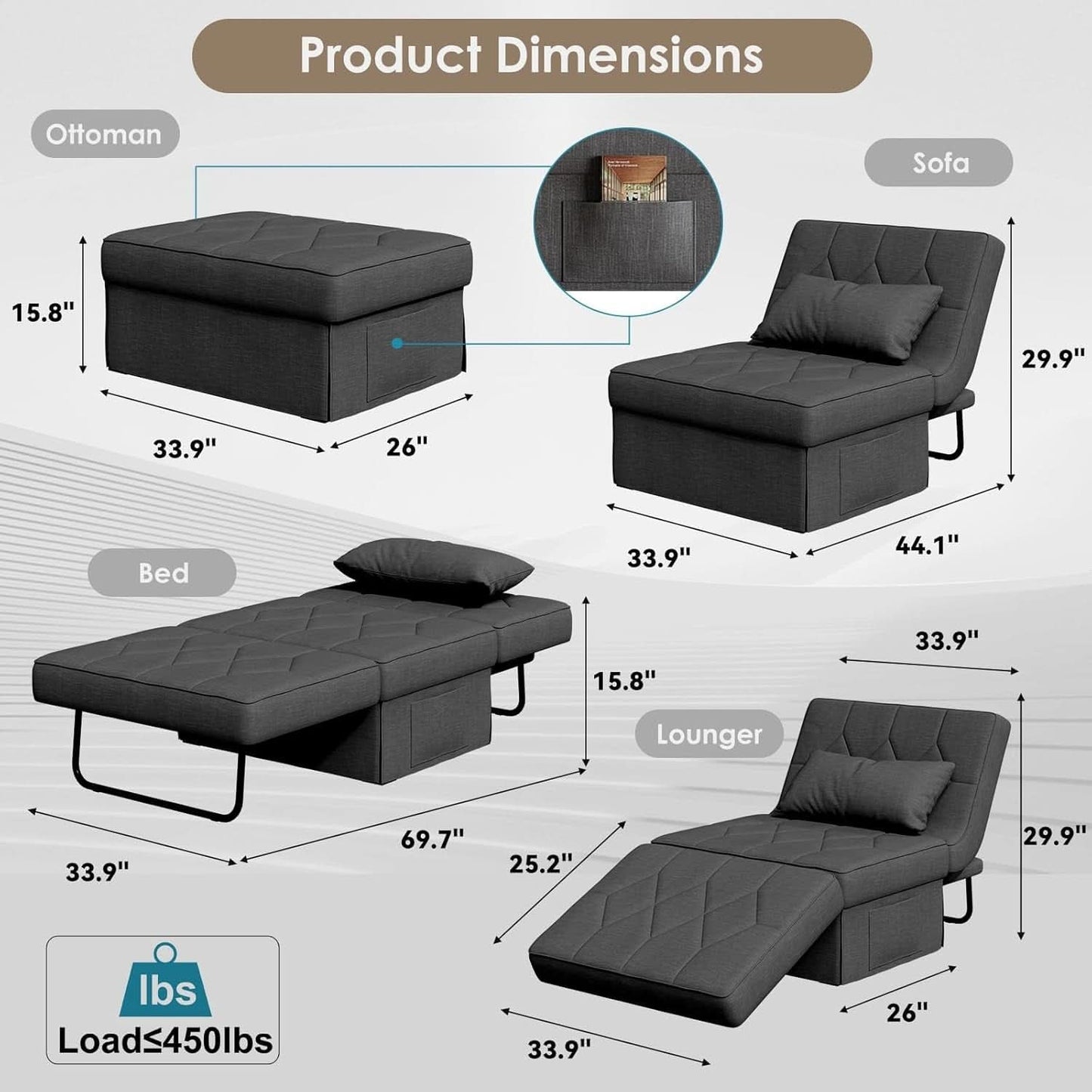 4 In 1 Convertible Sleeper Sofa Bed With Ottoman