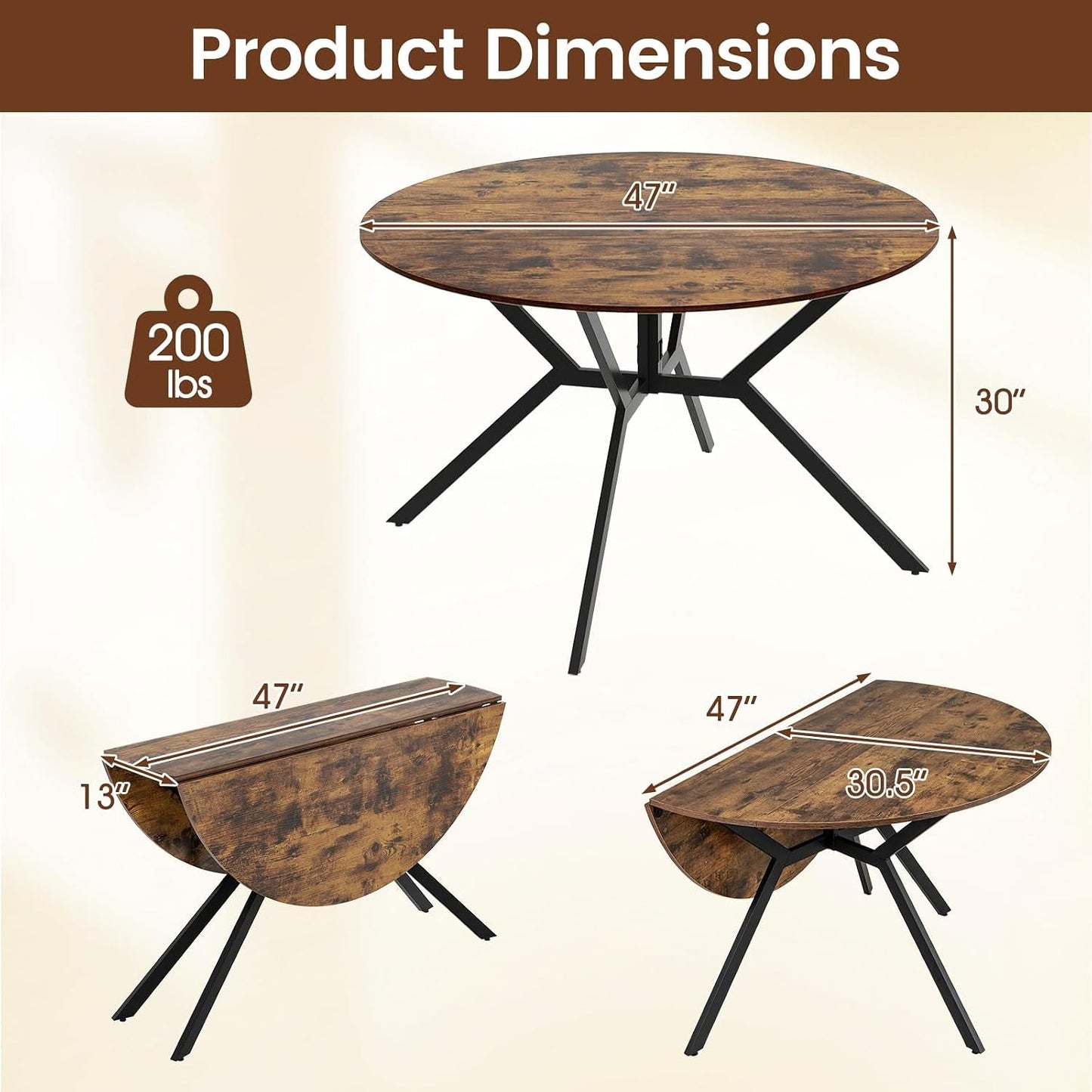 Sturdy Construction Round Brown Folding Dining Table
