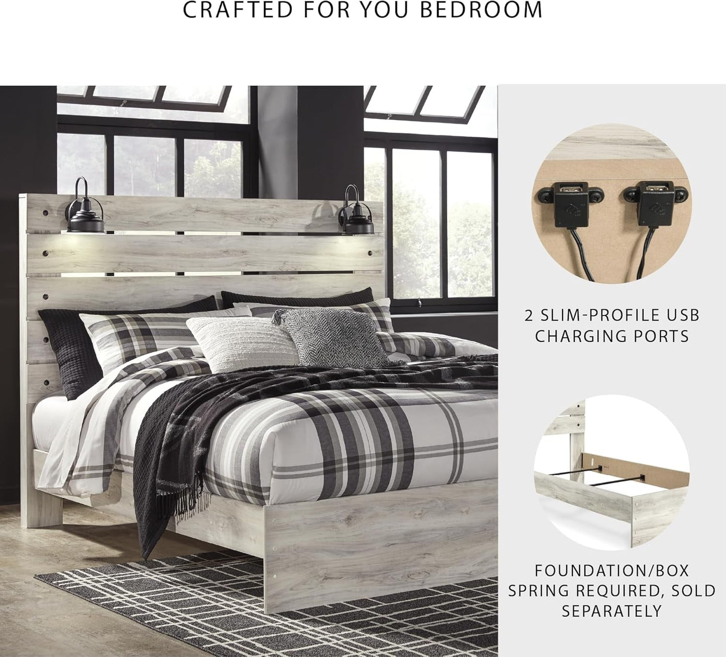 Antiqued Finish Whitewashed King Panel Bed USB Ports